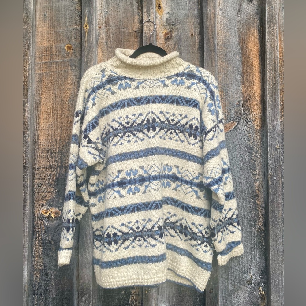 VINTAGE wool blend knit fair isle mock neck oversized sweater large - Picture 5 of 11